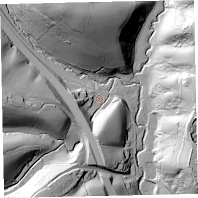 Shaded relief map of the ground around EX42HB, computed from Environment Agency LiDAR. The ground here sits at about 33 m above sea level and falls 78 m across the surrounding 800 m. Surface water reaching this point runs off ground lying to the south, 25.8 m higher.