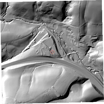 Shaded relief map of the ground around EX42HD, computed from Environment Agency LiDAR. The ground here sits at about 56 m above sea level and falls 82 m across the surrounding 800 m. Surface water reaching this point runs off ground lying to the west-south-west, 4.5 m higher.