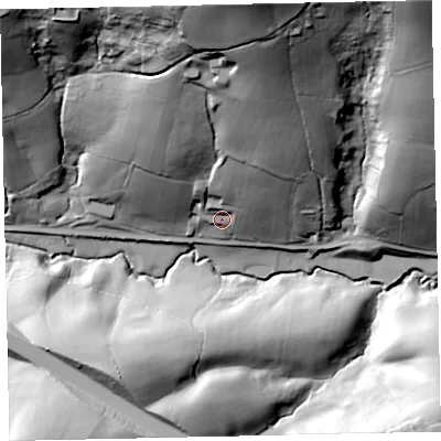 Shaded relief map of the ground around EX42HF, computed from Environment Agency LiDAR. The ground here sits at about 63 m above sea level and falls 86 m across the surrounding 800 m. Surface water reaching this point runs off ground lying to the north, 71.3 m higher.