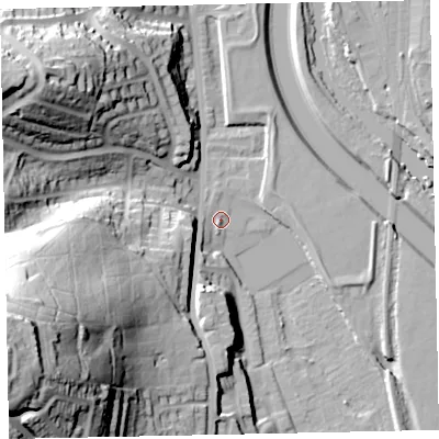 Shaded relief map of the ground around EX42HY, computed from Environment Agency LiDAR. The ground here sits at about 12 m above sea level and falls 66 m across the surrounding 800 m. Surface water reaching this point runs off ground lying to the south-west, 2.2 m higher.