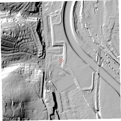 Shaded relief map of the ground around EX42HZ, computed from Environment Agency LiDAR. The ground here sits at about 11 m above sea level and falls 59 m across the surrounding 800 m. Surface water reaching this point runs off ground lying to the south-west, 54.2 m higher.