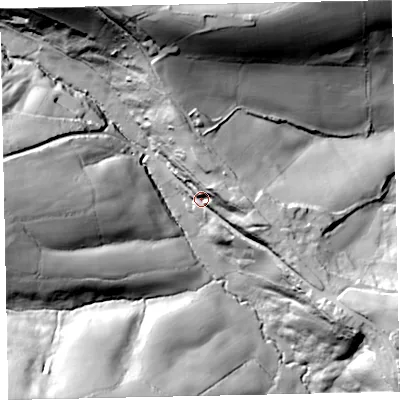 Shaded relief map of the ground around EX42JG, computed from Environment Agency LiDAR. The ground here sits at about 64 m above sea level and falls 72 m across the surrounding 800 m. Surface water reaching this point runs off ground lying to the south-east, 35.4 m higher.