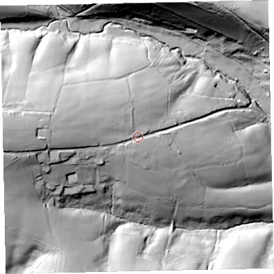 Shaded relief map of the ground around EX42JH, computed from Environment Agency LiDAR. The ground here sits at about 98 m above sea level and falls 69 m across the surrounding 800 m. Surface water reaching this point runs off ground lying to the west, 19.6 m higher.