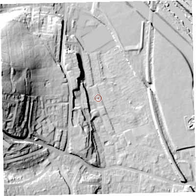 Shaded relief map of the ground around EX42QE, computed from Environment Agency LiDAR. The ground here sits at about 10 m above sea level and falls 56 m across the surrounding 800 m. Surface water reaching this point runs off ground lying to the west, 54.9 m higher.