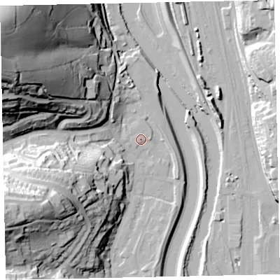 Shaded relief map of the ground around EX42RE, computed from Environment Agency LiDAR. The ground here sits at about 12 m above sea level and falls 77 m across the surrounding 800 m. The ground contributing surface water to this point lies to the north-north-west.