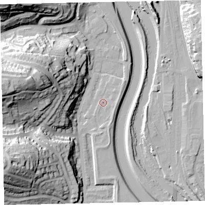 Shaded relief map of the ground around EX42UZ, computed from Environment Agency LiDAR. The ground here sits at about 11 m above sea level and falls 46 m across the surrounding 800 m. Surface water reaching this point runs off ground lying to the west-north-west, 40.8 m higher.