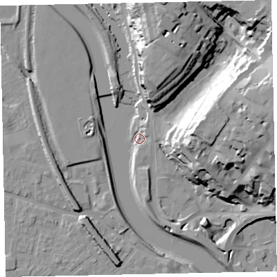 Shaded relief map of the ground around EX43AA, computed from Environment Agency LiDAR. The ground here sits at about 8 m above sea level and falls 33 m across the surrounding 800 m. Surface water reaching this point runs off ground lying to the east, 32.6 m higher.