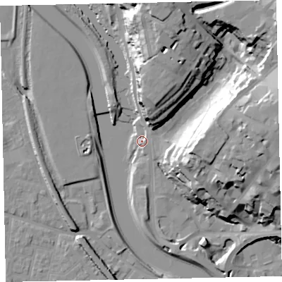 Shaded relief map of the ground around EX43AB, computed from Environment Agency LiDAR. The ground here sits at about 10 m above sea level and falls 34 m across the surrounding 800 m. Surface water reaching this point runs off ground lying to the north-east, 1.2 m higher.