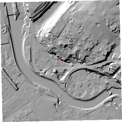 Shaded relief map of the ground around EX43AH, computed from Environment Agency LiDAR. The ground here sits at about 9 m above sea level and falls 39 m across the surrounding 800 m. Surface water reaching this point runs off ground lying to the north-east, 36.3 m higher.