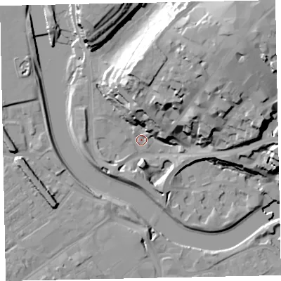Shaded relief map of the ground around EX43BR, computed from Environment Agency LiDAR. The ground here sits at about 8 m above sea level and falls 39 m across the surrounding 800 m. Surface water reaching this point runs off ground lying to the north-east, 35.9 m higher.