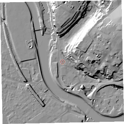 Shaded relief map of the ground around EX43BT, computed from Environment Agency LiDAR. The ground here sits at about 9 m above sea level and falls 35 m across the surrounding 800 m. Surface water reaching this point runs off ground lying to the east-north-east, 33.2 m higher.