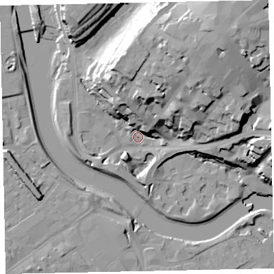 Shaded relief map of the ground around EX43BU, computed from Environment Agency LiDAR. The ground here sits at about 9 m above sea level and falls 39 m across the surrounding 800 m. Surface water reaching this point runs off ground lying to the north-east, 36.1 m higher.