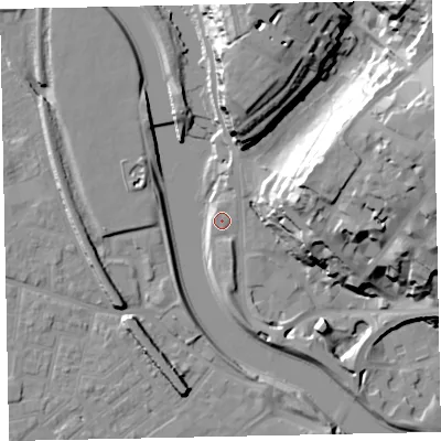 Shaded relief map of the ground around EX43BZ, computed from Environment Agency LiDAR. The ground here sits at about 10 m above sea level and falls 33 m across the surrounding 800 m. Surface water reaching this point runs off ground lying to the east-north-east, 32.9 m higher.