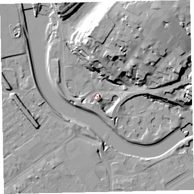 Shaded relief map of the ground around EX43DD, computed from Environment Agency LiDAR. The ground here sits at about 12 m above sea level and falls 39 m across the surrounding 800 m. Surface water reaching this point runs off ground lying to the north-east, 35.6 m higher.