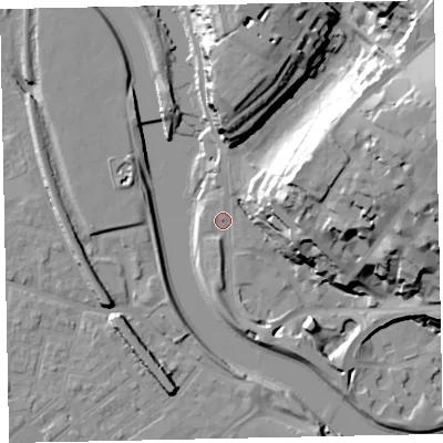 Shaded relief map of the ground around EX43DF, computed from Environment Agency LiDAR. The ground here sits at about 9 m above sea level and falls 34 m across the surrounding 800 m. Surface water reaching this point runs off ground lying to the east-north-east, 33.2 m higher.