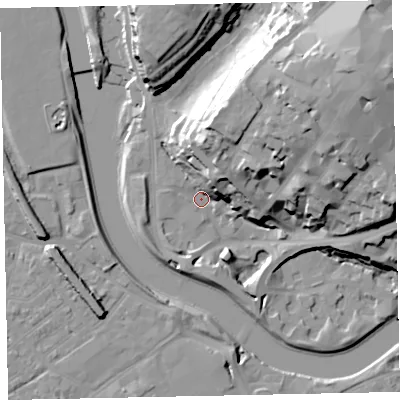 Shaded relief map of the ground around EX43DW, computed from Environment Agency LiDAR. The ground here sits at about 8 m above sea level and falls 38 m across the surrounding 800 m. Surface water reaching this point runs off ground lying to the north-east, 35.9 m higher.