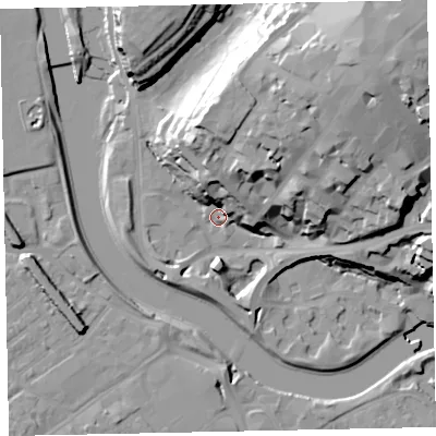 Shaded relief map of the ground around EX43FF, computed from Environment Agency LiDAR. The ground here sits at about 10 m above sea level and falls 39 m across the surrounding 800 m. Surface water reaching this point runs off ground lying to the north-east, 36.0 m higher.