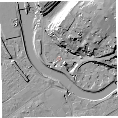 Shaded relief map of the ground around EX43FL, computed from Environment Agency LiDAR. The ground here sits at about 9 m above sea level and falls 39 m across the surrounding 800 m. Surface water reaching this point runs off ground lying to the north-east, 35.6 m higher.