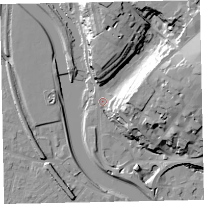 Shaded relief map of the ground around EX43HS, computed from Environment Agency LiDAR. The ground here sits at about 11 m above sea level and falls 35 m across the surrounding 800 m. Surface water reaching this point runs off ground lying to the north-east, 30.5 m higher.