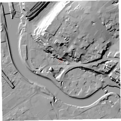 Shaded relief map of the ground around EX43JW, computed from Environment Agency LiDAR. The ground here sits at about 8 m above sea level and falls 39 m across the surrounding 800 m. Surface water reaching this point runs off ground lying to the north-east, 36.1 m higher.
