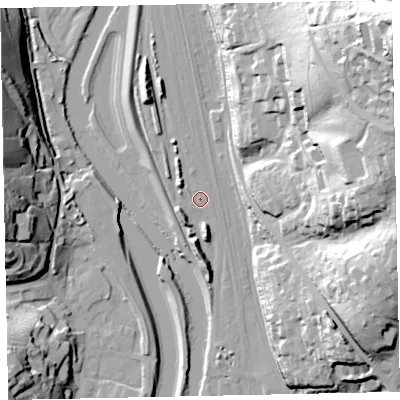 Shaded relief map of the ground around EX44AP, computed from Environment Agency LiDAR. The ground here sits at about 13 m above sea level and falls 74 m across the surrounding 800 m. Surface water reaching this point runs off ground lying to the north-north-west, 8.1 m higher.