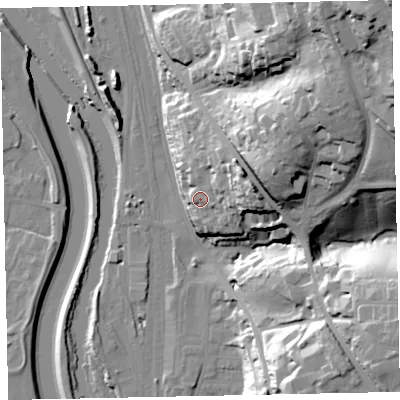 Shaded relief map of the ground around EX44AR, computed from Environment Agency LiDAR. The ground here sits at about 23 m above sea level and falls 68 m across the surrounding 800 m. Surface water reaching this point runs off ground lying to the east-north-east, 15.4 m higher.