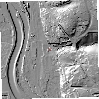 Shaded relief map of the ground around EX44AU, computed from Environment Agency LiDAR. The ground here sits at about 12 m above sea level and falls 58 m across the surrounding 800 m. Surface water reaching this point runs off ground lying to the north-east, 45.9 m higher.