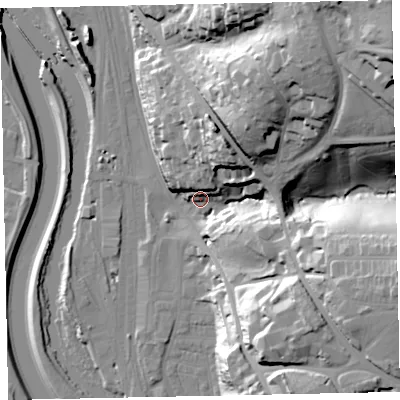 Shaded relief map of the ground around EX44AY, computed from Environment Agency LiDAR. The ground here sits at about 16 m above sea level and falls 68 m across the surrounding 800 m. Surface water reaching this point runs off ground lying to the north-north-east, 9.2 m higher.