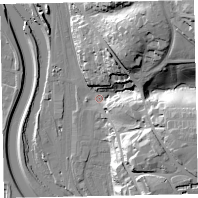 Shaded relief map of the ground around EX44AZ, computed from Environment Agency LiDAR. The ground here sits at about 13 m above sea level and falls 63 m across the surrounding 800 m. Surface water reaching this point runs off ground lying to the north-east, 45.5 m higher.