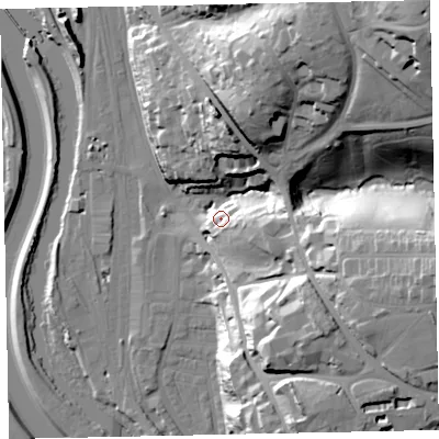 Shaded relief map of the ground around EX44BA, computed from Environment Agency LiDAR. The ground here sits at about 21 m above sea level and falls 67 m across the surrounding 800 m. Surface water reaching this point runs off ground lying to the east-south-east, 9.5 m higher.