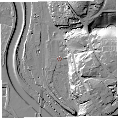 Shaded relief map of the ground around EX44BG, computed from Environment Agency LiDAR. The ground here sits at about 12 m above sea level and falls 46 m across the surrounding 800 m. Surface water reaching this point runs off ground lying to the east-south-east, 30.8 m higher.
