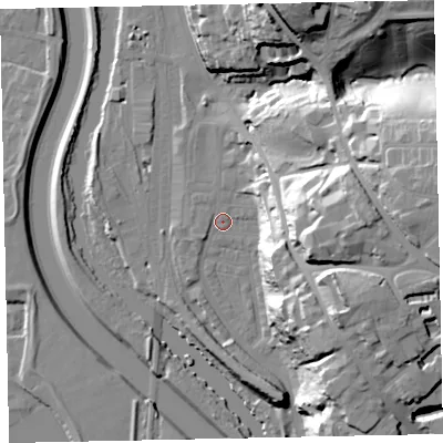 Shaded relief map of the ground around EX44BH, computed from Environment Agency LiDAR. The ground here sits at about 12 m above sea level and falls 41 m across the surrounding 800 m. Surface water reaching this point runs off ground lying to the east, 31.4 m higher.