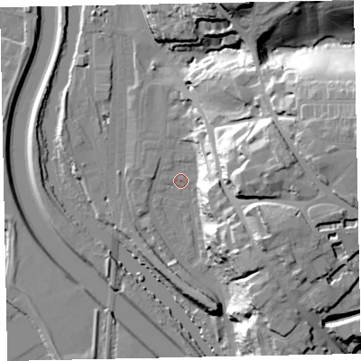 Shaded relief map of the ground around EX44BJ, computed from Environment Agency LiDAR. The ground here sits at about 12 m above sea level and falls 40 m across the surrounding 800 m. Surface water reaching this point runs off ground lying to the east, 32.0 m higher.