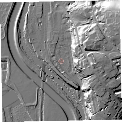 Shaded relief map of the ground around EX44BL, computed from Environment Agency LiDAR. The ground here sits at about 11 m above sea level and falls 39 m across the surrounding 800 m. Surface water reaching this point runs off ground lying to the west, 1.5 m higher.