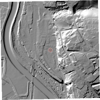 Shaded relief map of the ground around EX44BN, computed from Environment Agency LiDAR. The ground here sits at about 11 m above sea level and falls 40 m across the surrounding 800 m. Surface water reaching this point runs off ground lying to the east-north-east, 32.0 m higher.