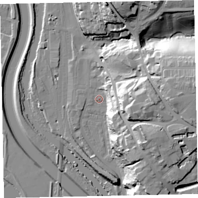 Shaded relief map of the ground around EX44BQ, computed from Environment Agency LiDAR. The ground here sits at about 12 m above sea level and falls 45 m across the surrounding 800 m. Surface water reaching this point runs off ground lying to the east, 31.0 m higher.
