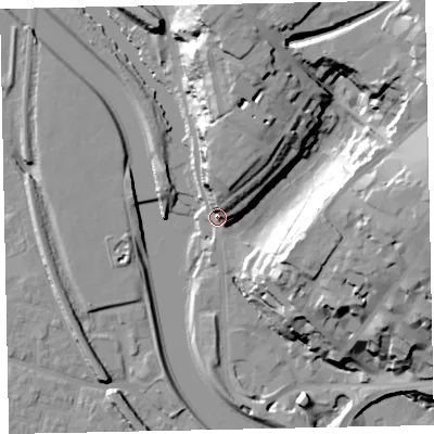 Shaded relief map of the ground around EX44BR, computed from Environment Agency LiDAR. The ground here sits at about 13 m above sea level and falls 35 m across the surrounding 800 m. Surface water reaching this point runs off ground lying to the north, 17.1 m higher.
