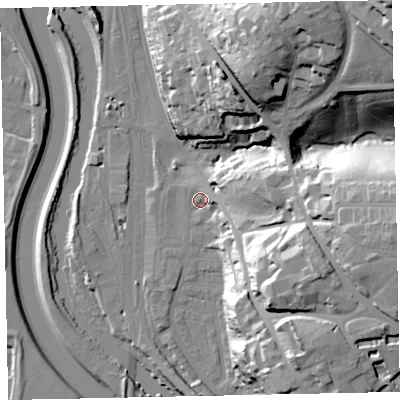 Shaded relief map of the ground around EX44BS, computed from Environment Agency LiDAR. The ground here sits at about 14 m above sea level and falls 58 m across the surrounding 800 m. Surface water reaching this point runs off ground lying to the east-south-east, 5.3 m higher.