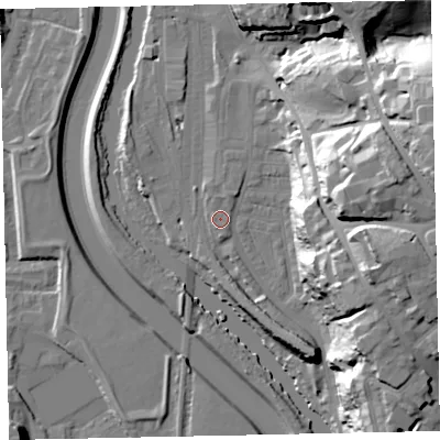 Shaded relief map of the ground around EX44BT, computed from Environment Agency LiDAR. The ground here sits at about 12 m above sea level and falls 37 m across the surrounding 800 m. Surface water reaching this point runs off ground lying to the north-north-east, 1.3 m higher.