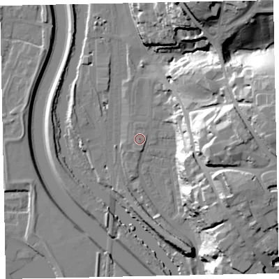 Shaded relief map of the ground around EX44BU, computed from Environment Agency LiDAR. The ground here sits at about 12 m above sea level and falls 39 m across the surrounding 800 m. Surface water reaching this point runs off ground lying to the south, 1.4 m higher.