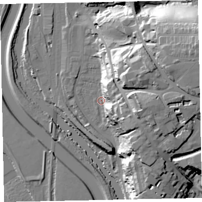 Shaded relief map of the ground around EX44BW, computed from Environment Agency LiDAR. The ground here sits at about 11 m above sea level and falls 42 m across the surrounding 800 m. Surface water reaching this point runs off ground lying to the east-north-east, 32.2 m higher.