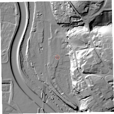 Shaded relief map of the ground around EX44BX, computed from Environment Agency LiDAR. The ground here sits at about 12 m above sea level and falls 44 m across the surrounding 800 m. Surface water reaching this point runs off ground lying to the south-west, 0.5 m higher.