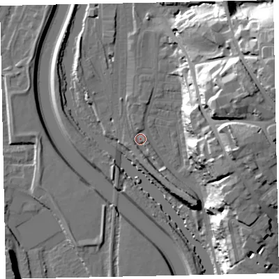 Shaded relief map of the ground around EX44FD, computed from Environment Agency LiDAR. The ground here sits at about 12 m above sea level and falls 37 m across the surrounding 800 m. Surface water reaching this point runs off ground lying to the south-south-east, 6.1 m higher.