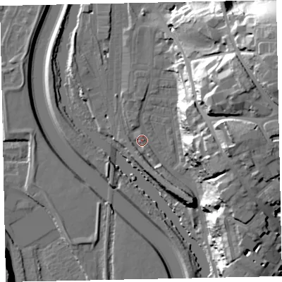 Shaded relief map of the ground around EX44FE, computed from Environment Agency LiDAR. The ground here sits at about 12 m above sea level and falls 37 m across the surrounding 800 m. Surface water reaching this point runs off ground lying to the south-south-east, 6.1 m higher.
