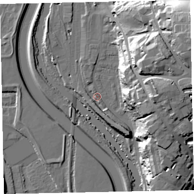 Shaded relief map of the ground around EX44FF, computed from Environment Agency LiDAR. The ground here sits at about 12 m above sea level and falls 38 m across the surrounding 800 m. Surface water reaching this point runs off ground lying to the south-south-east, 6.1 m higher.