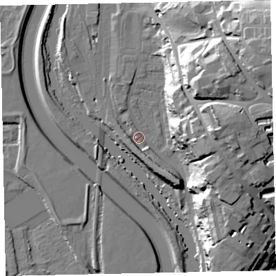 Shaded relief map of the ground around EX44FG, computed from Environment Agency LiDAR. The ground here sits at about 12 m above sea level and falls 38 m across the surrounding 800 m. Surface water reaching this point runs off ground lying to the south-south-east, 6.0 m higher.