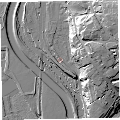 Shaded relief map of the ground around EX44FH, computed from Environment Agency LiDAR. The ground here sits at about 12 m above sea level and falls 39 m across the surrounding 800 m. Surface water reaching this point runs off ground lying to the south-south-east, 6.0 m higher.