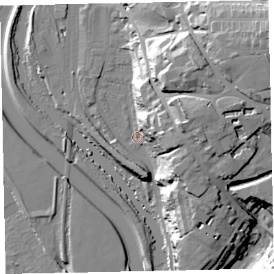 Shaded relief map of the ground around EX44FQ, computed from Environment Agency LiDAR. The ground here sits at about 11 m above sea level and falls 43 m across the surrounding 800 m. Surface water reaching this point runs off ground lying to the north-east, 32.3 m higher.