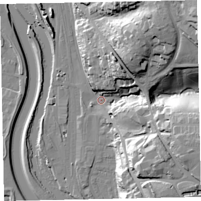 Shaded relief map of the ground around EX44GB, computed from Environment Agency LiDAR. The ground here sits at about 13 m above sea level and falls 62 m across the surrounding 800 m. Surface water reaching this point runs off ground lying to the north-east, 45.8 m higher.