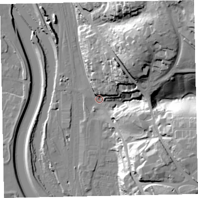 Shaded relief map of the ground around EX44GS, computed from Environment Agency LiDAR. The ground here sits at about 13 m above sea level and falls 63 m across the surrounding 800 m. Surface water reaching this point runs off ground lying to the north-east, 45.9 m higher.